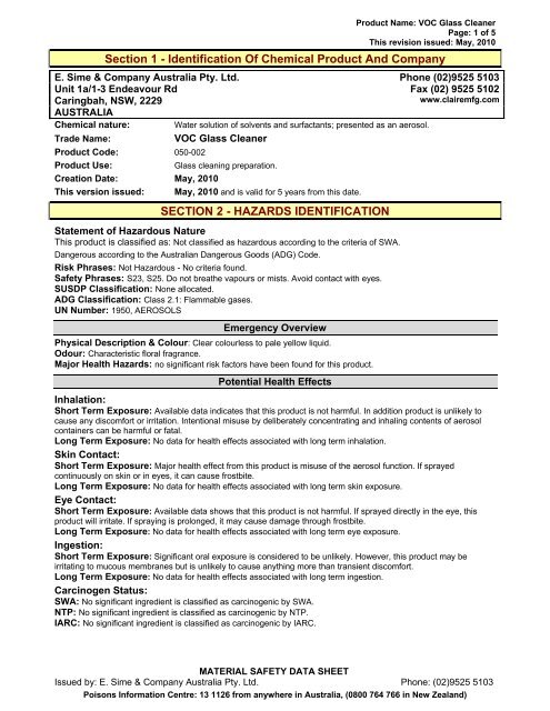 Claire - VOC Glass Cleaner - msds - Exp May 2015.pdf