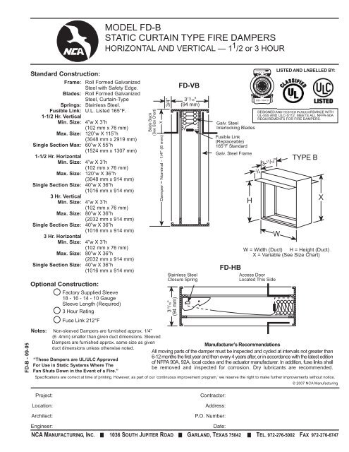 MODEL FD-B STATIC CURTAIN TYPE FIRE DAMPERS - NCA ...