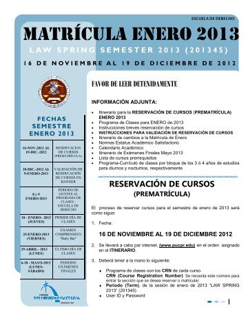 Instrucciones Matricula Enero 2013 - Escuela de Derecho