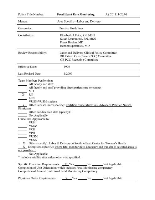 Policy Title/Number: Fetal Heart Rate Monitoring AS 201111-20.01 ...