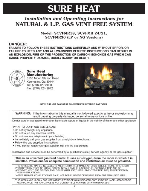 Vent Free Scvfmr Log Manual Sure Heat Manufacturing