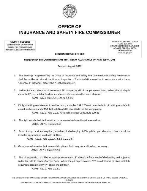 Contractors Check List Office Of Insurance And Safety Fire