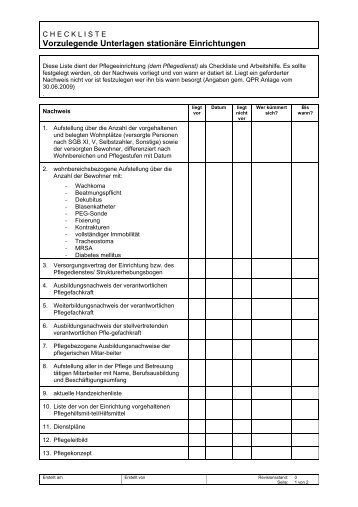 Vorzulegende Unterlagen stationÃ¤re Einrichtungen - Checkliste