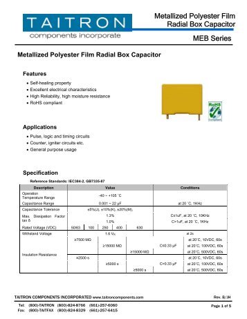 MEB Series Metallized Polyester Film Radial Box Capacitor - Taitron ...