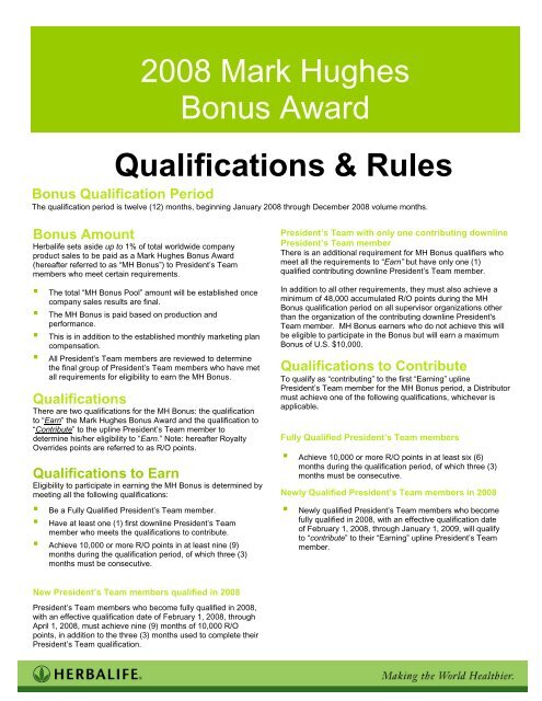 Qualifications Rules 08 Mark Hughes Bonus Award Herbalife