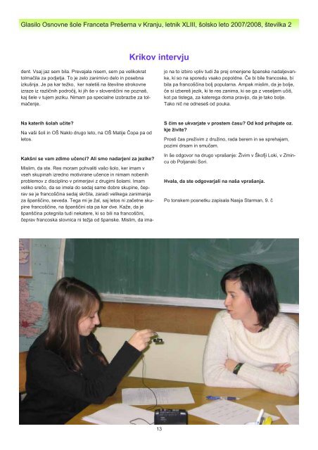 Krik 2 - Osnovna Å¡ola Franceta PreÅ¡erna Kranj