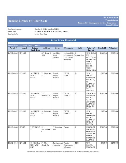 Building Permits, by Report Code - Johnson City