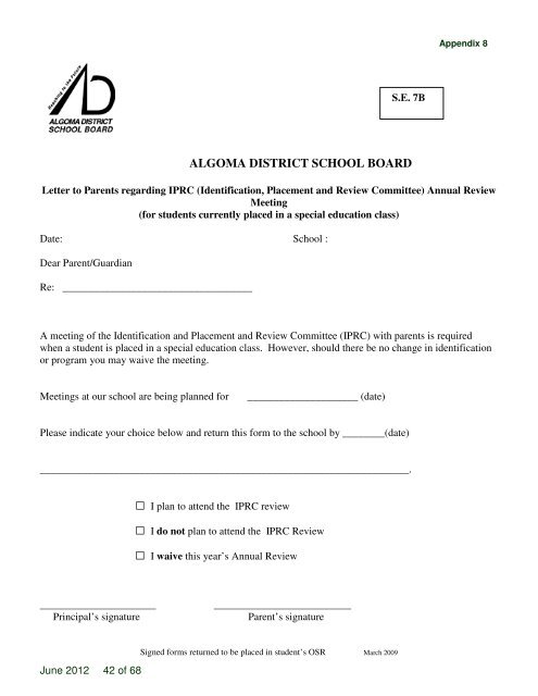 Special Education Plan 2012-2013 - Algoma District School Board