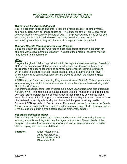 Special Education Plan 2012-2013 - Algoma District School Board