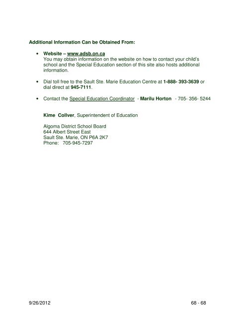 Special Education Plan 2012-2013 - Algoma District School Board