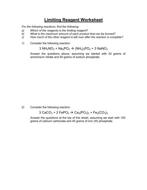 Limiting Reagent Worksheet 1