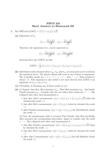 PHYS 455 Short Answers to Homework III