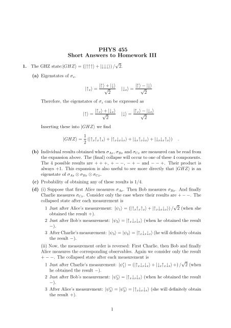 PHYS 455 Short Answers to Homework III