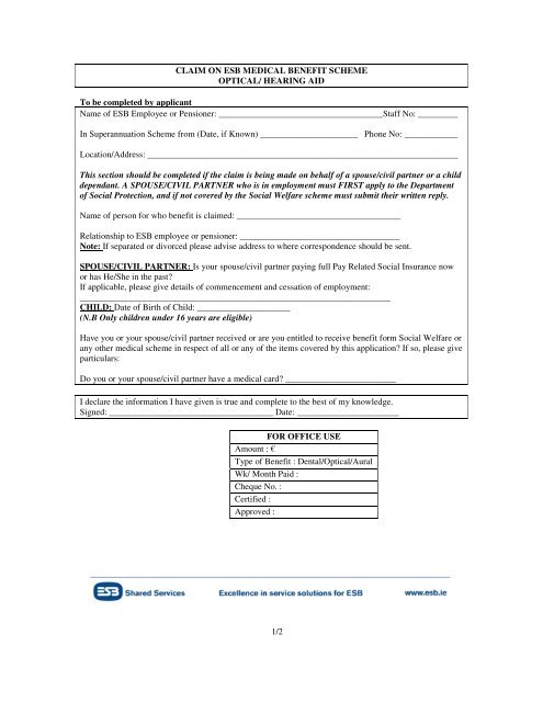 Optical Benefits Form - ESB Retired Staff Homepage