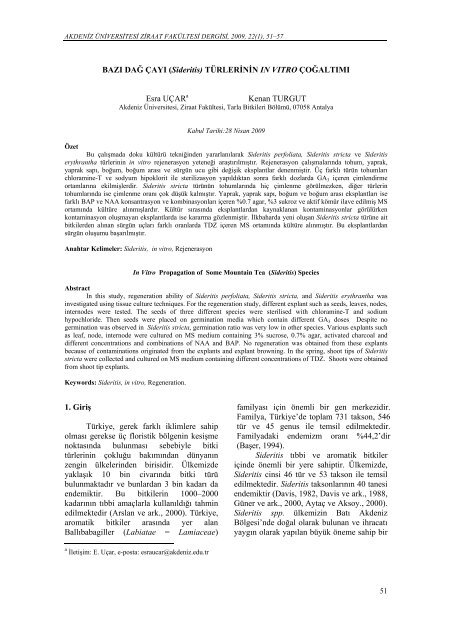 Sideritis - Akdeniz Üniversitesi Ziraat Fakültesi Dergisi