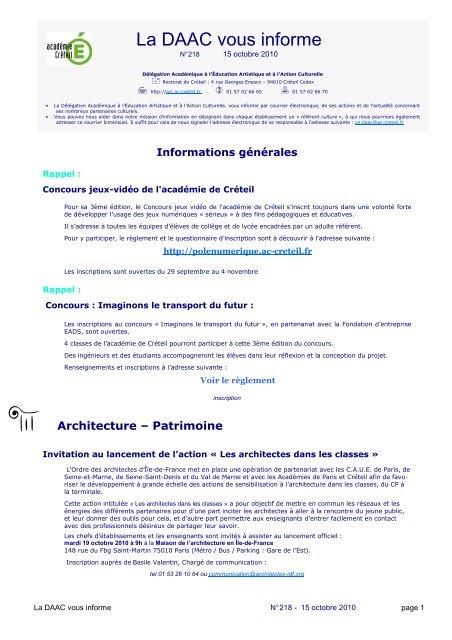 La DAAC vous informe nÂ°218 - Accueil DAAC - AcadÃ©mie de CrÃ©teil