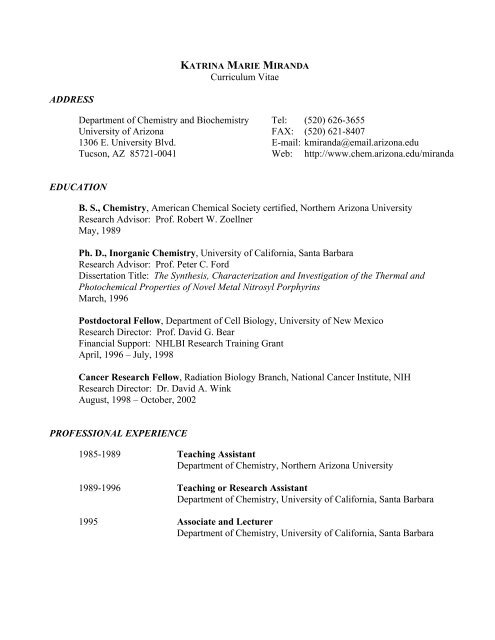 Curriculum Vitae ADDRESS Department of Chemistry and ...