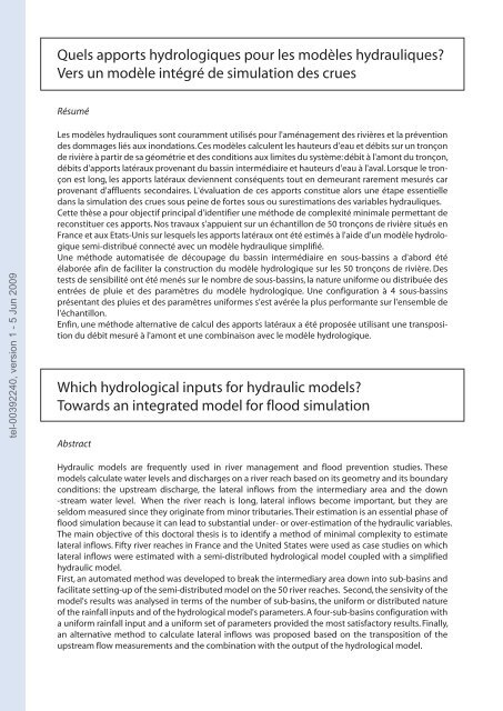 Quels apports hydrologiques pour les modÃ¨les hydrauliques? Vers ...