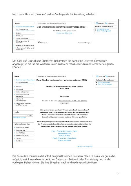 Anmeldung zum Praxis/Auslandssemester Ã¼ber das SIS