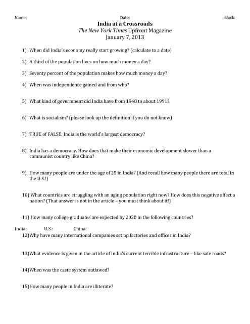 India Article Worksheet