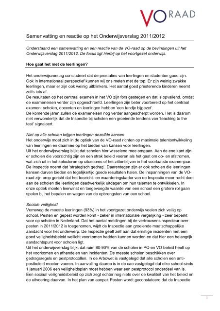 Samenvatting en reactie op het Onderwijsverslag 2011 ... - VO-raad