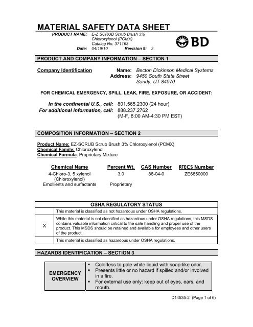 MSDS Sheets for BD Ultradex EZ Scrub Brush 408 (PCMX)