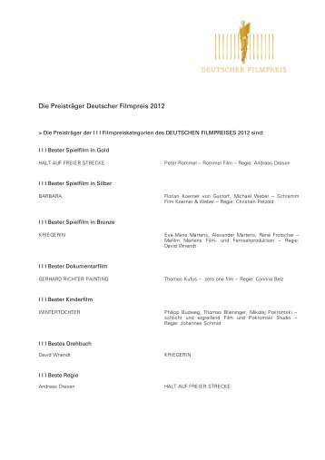 Die Preisträger Deutscher Filmpreis 2012 - Deutsche Filmakademie