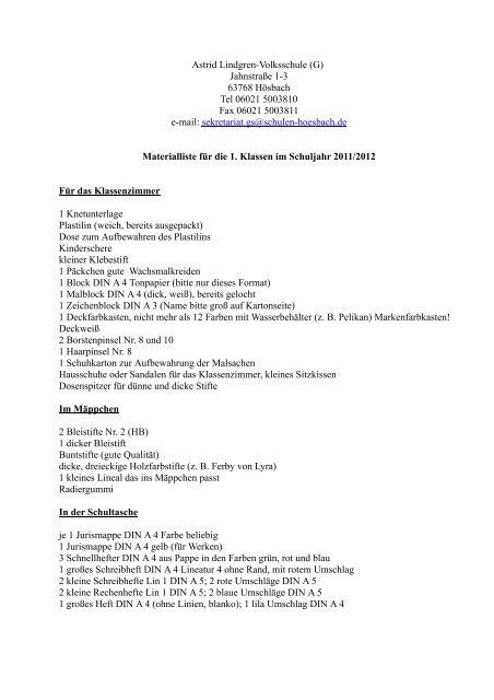 Materialliste für die ersten Klassen - Grundschule Hösbach