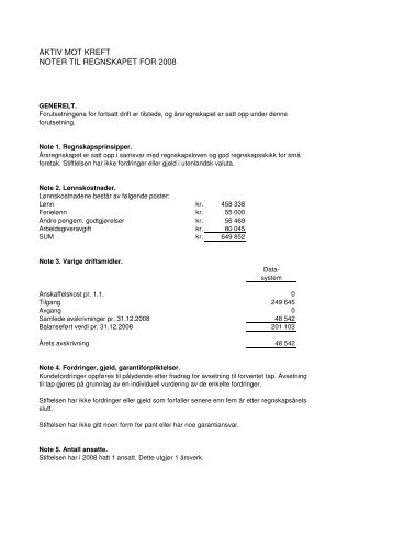 Noter til regnskap for 2008 - Aktiv mot kreft