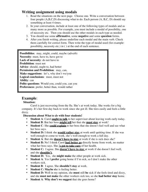 Writing assignment using modals Example: - Grammar/Writing III