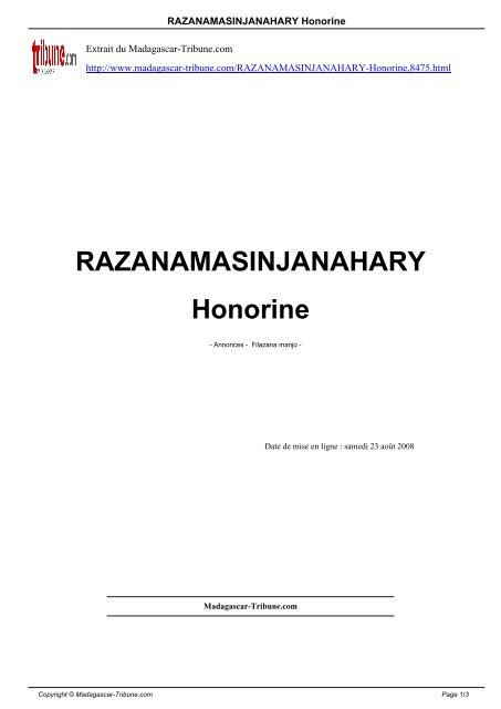 RAZANAMASINJANAHARY Honorine - Madagascar-Tribune.com