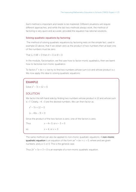 quadratic equations - the Australian Mathematical Sciences Institute