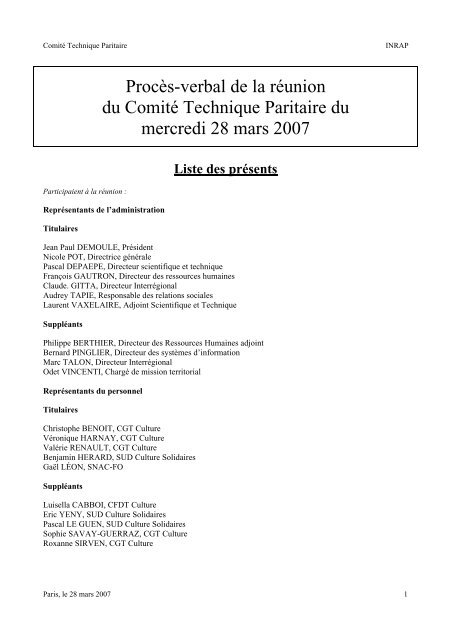 Procès-verbal de la réunion du Comité Technique Paritaire ... - Inrap