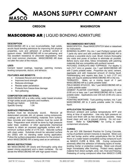 Mascobond Ar Liquid Bonding Admixture Masco Net