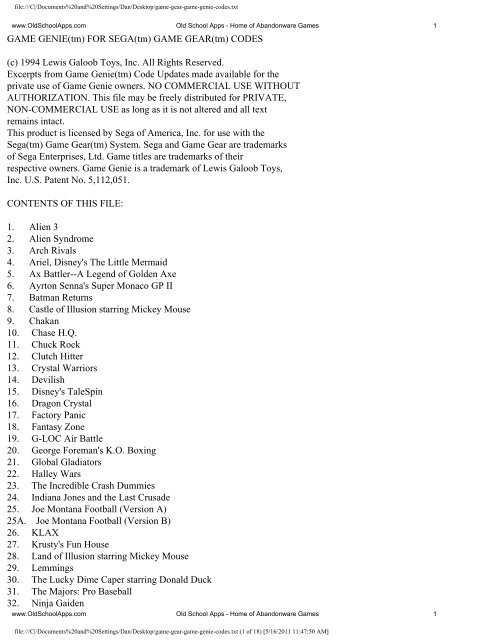 Game-gear-game-genie-codes.txt - Old School Apps