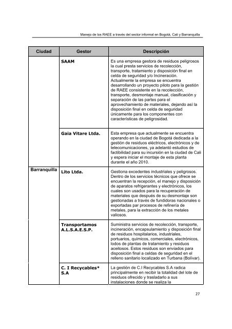 Manejo de los RAEE a través del Sector Informal en Bogotá, Cali y ...