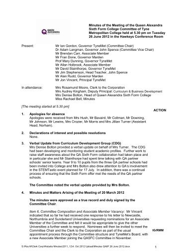 Format for Governors Meeting Minutes - Tyne Metropolitan College