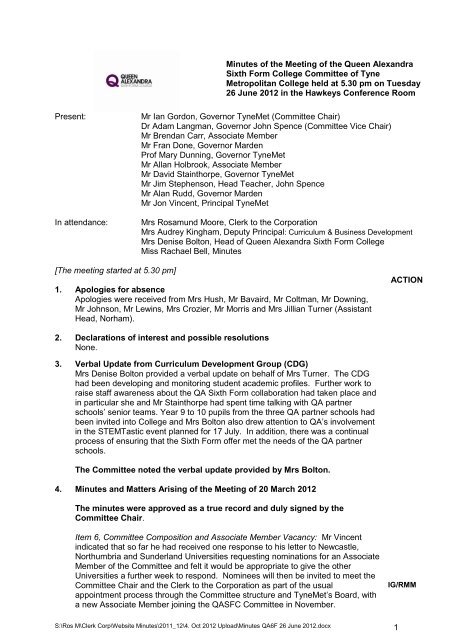 Format for Governors Meeting Minutes - Tyne Metropolitan College