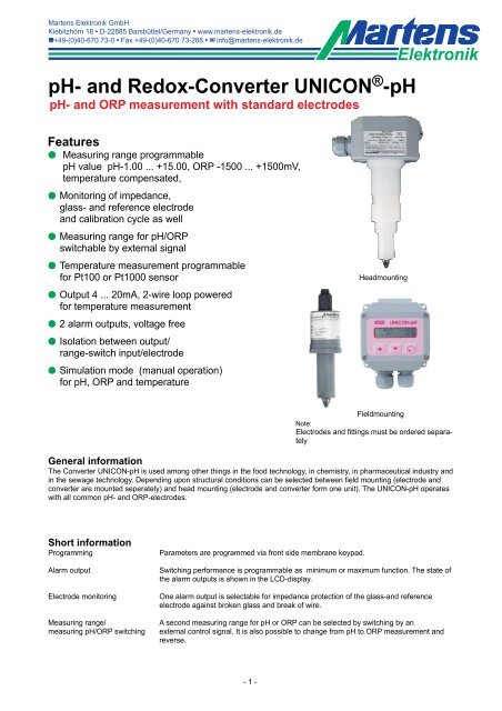 pH- and ORP measurement with standard electrodes - Martens ...