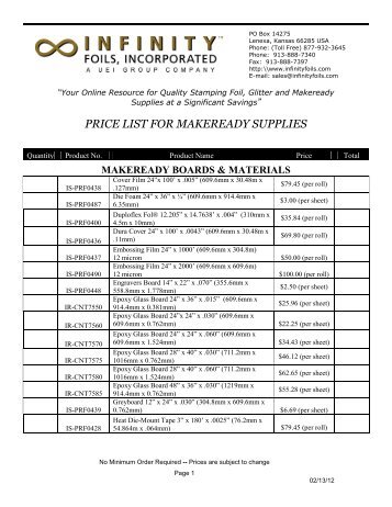 PRICE LIST FOR MAKEREADY SUPPLIES - Infinity Foils