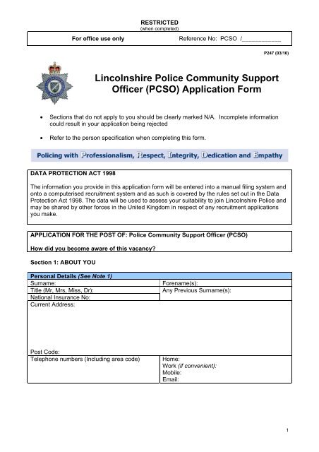 (PCSO) Application Form - Lincolnshire Police