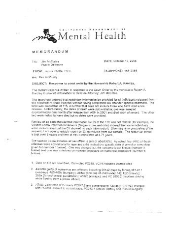 Dr. Padilla DMH Memorandum on Recidivism - Defense for SVP