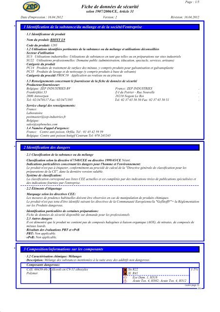 Fiche de Sécurité (FDS) - zepindustries.eu