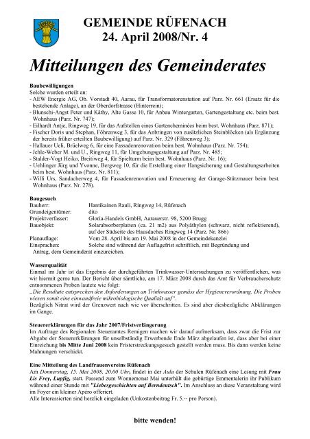 24. April 2008/Nr. 4 Mitteilungen des Gemeinderates - in Rüfenach