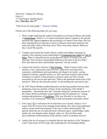 FILM 101 / Stephen W. DaVega Essay #1 5-7 typed pages, double ...