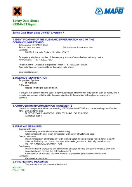 Safety Data Sheet KERANET liquid - Mapei