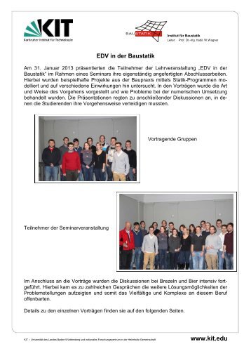 Bericht zum Seminar fÃ¼r Baustatik - am Institut fÃ¼r Baustatik - KIT