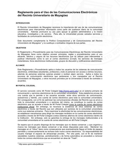 Reglamento para el Uso de las Comunicaciones ElectrÃ³nicas - UPRM