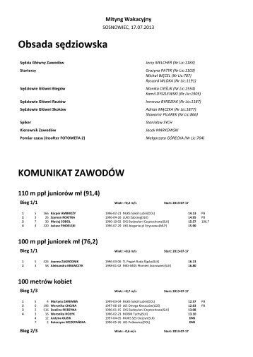 Mityng Wakacyjny Sosnowiec, 17 lipca 2013 - MKS MOS PÅomieÅ ...