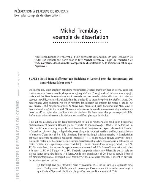 Michel Tremblay : exemple de dissertation - ccdmd
